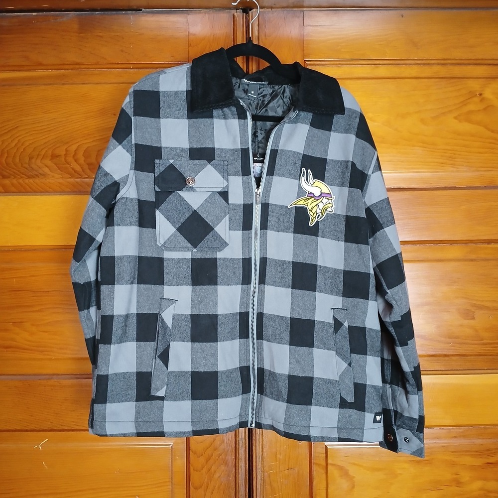 NWT Minnesota Vikings NFL‎ Jacket Men's Medium Grey Plaid Full Zip Embroidered